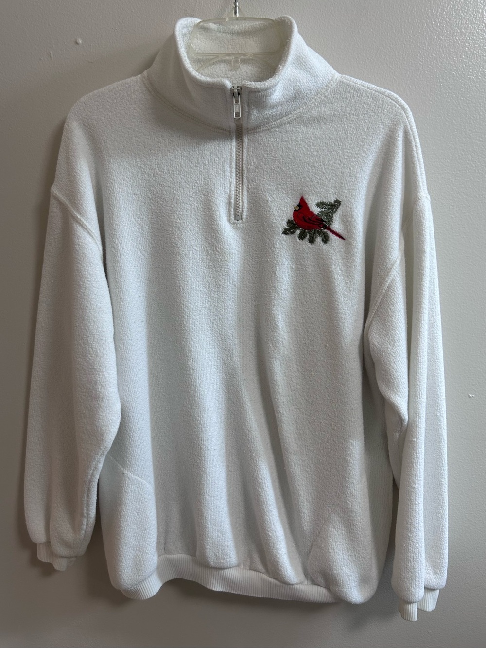 Vintage White Terrycloth 1/4 Zip Pullover Sweatshirt Embroidered Cardinal Large